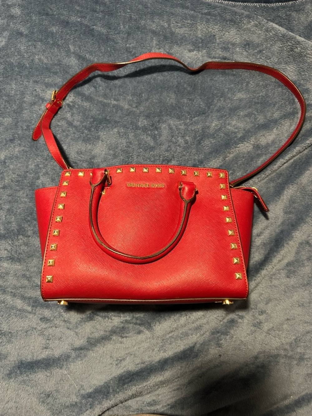 Michael Kors Red Saffiano Leather Studded Satchel with Crossbody Strap